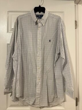 Ralph Lauren White Button-Down Shirt with Blue Windowpane Check